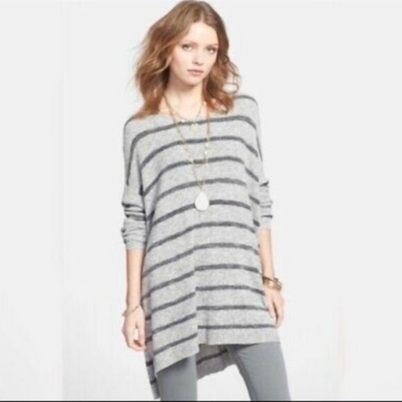 Free People Gray Striped Sweater Tunic High Low Oversized Crewneck Small M L XL - Picture 4 of 14
